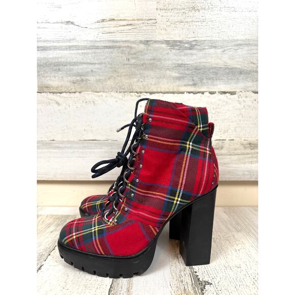 Gianni Bini Shoes - Gianni Bini Womens 7.5 Red Ambelynn Plaid Lug Sole Heeled Hiker Combat Bootie